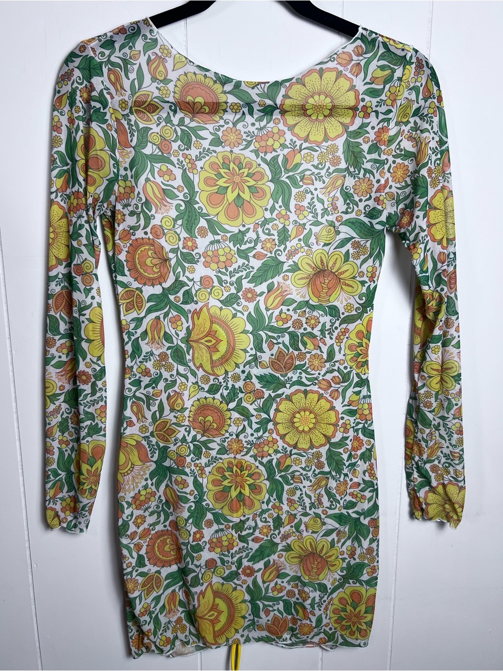 Retro Hippie Mesh Floral Long-Sleeve Mini Sheer Dress Deep V Back - Picture 2 of 14